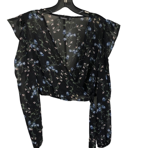 Boohoo WOVEN FLORAL PUFF SLEEVE WRAP BLOUSE SZ 6 - Picture 4 of 14